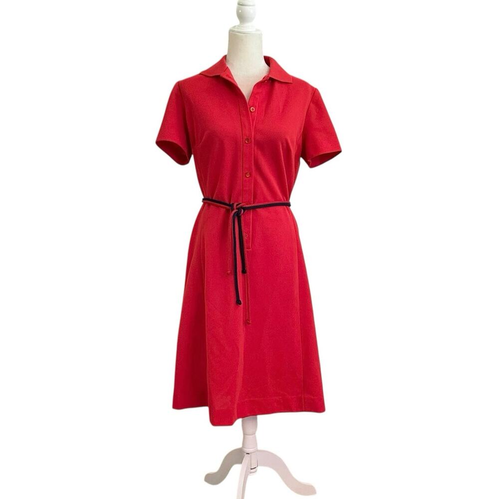 Vintage 70s David Crystal Lacoste Dress Shirt Dress Rope Belt Sporty Tomato Red